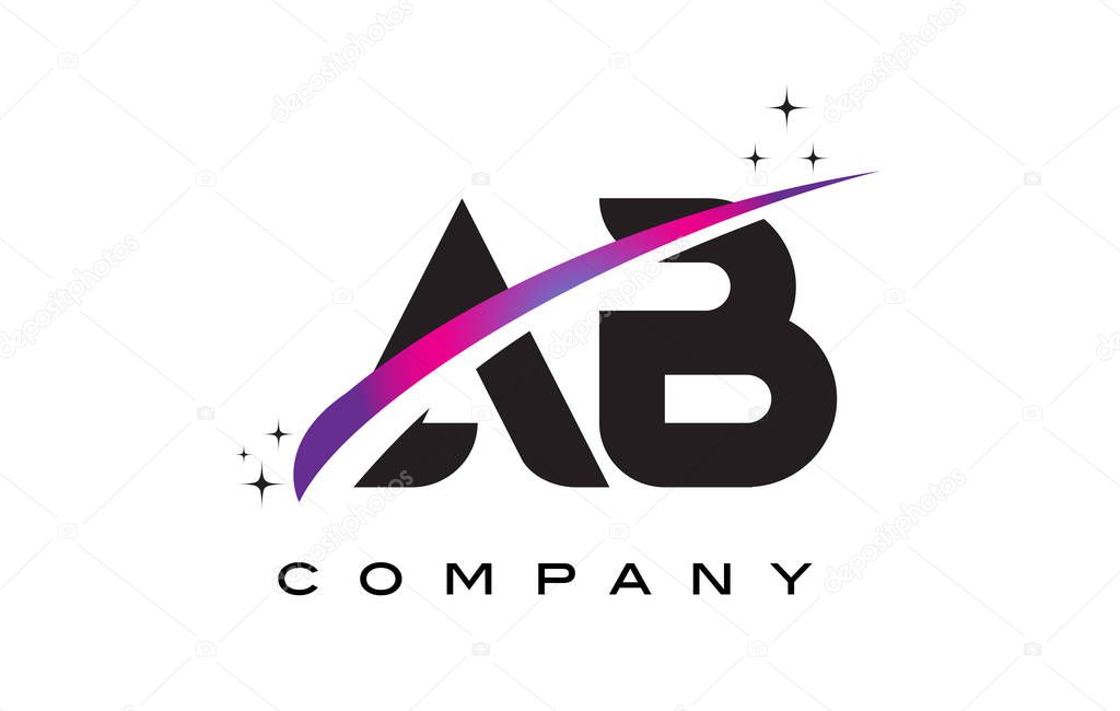 AB A B Black Letter Logo Design with Purple Magenta Swoosh and Stars.