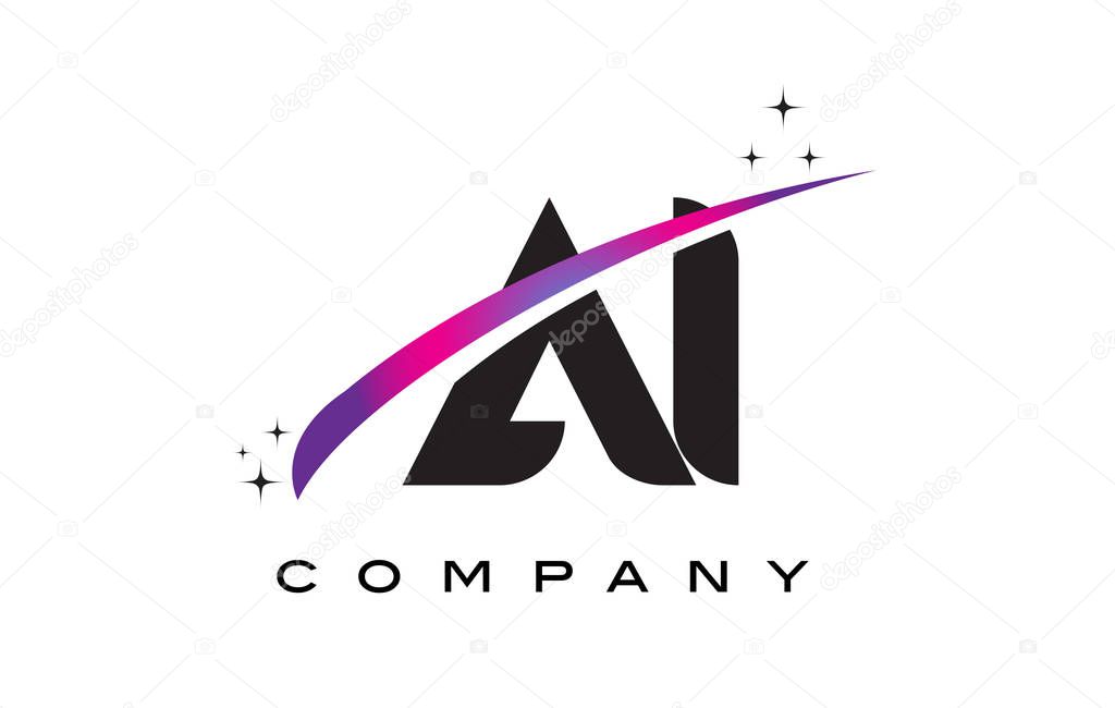 AI A I Black Letter Logo Design with Purple Magenta Swoosh and Stars.