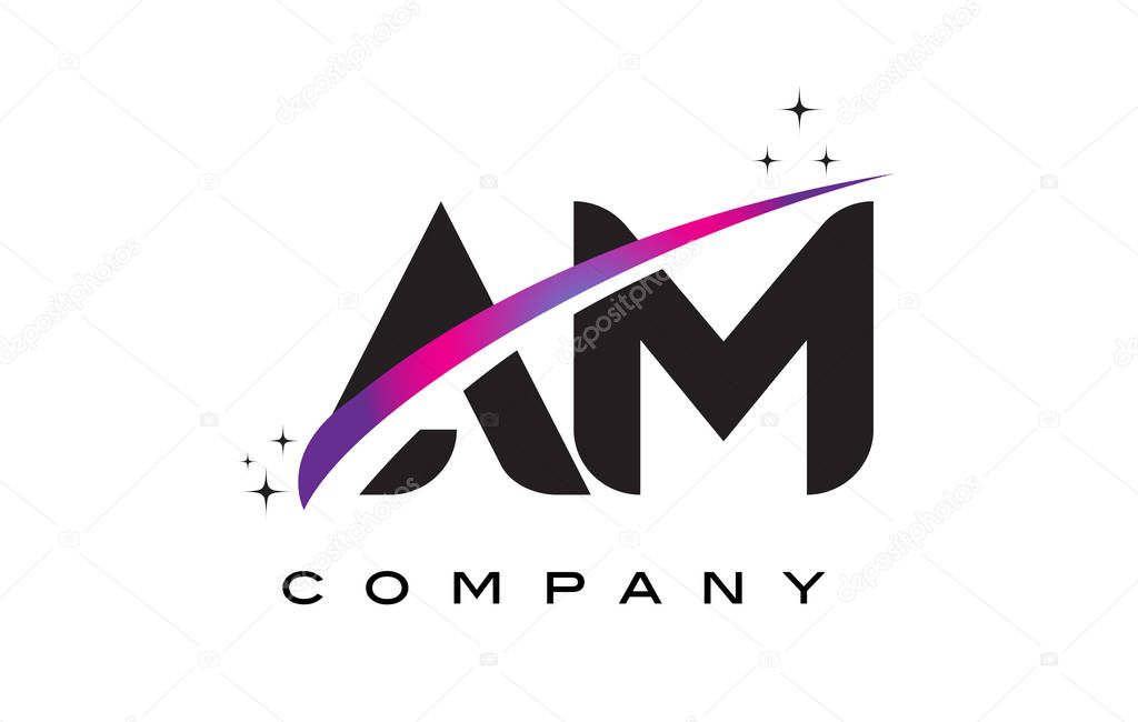 AM A M Black Letter Logo Design with Purple Magenta Swoosh and Stars.