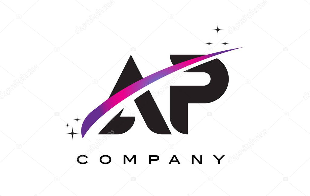 AP A P Black Letter Logo Design with Purple Magenta Swoosh and Stars.