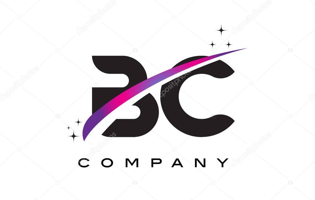 BC B C Black Letter Logo Design with Purple Magenta Swoosh and Stars.