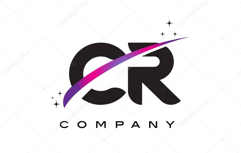 CR C R Black Letter Logo Design with Purple Magenta Swoosh and Stars.