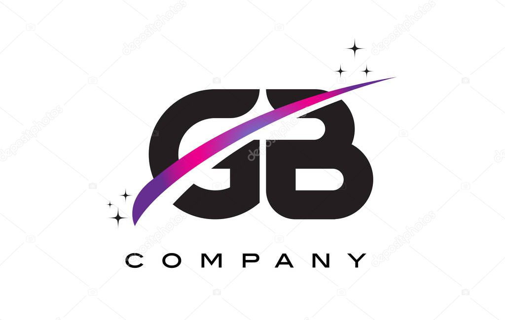 GB G B Black Letter Logo Design with Purple Magenta Swoosh and Stars.