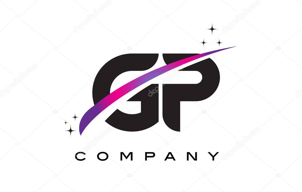 GP G P Black Letter Logo Design with Purple Magenta Swoosh and Stars.