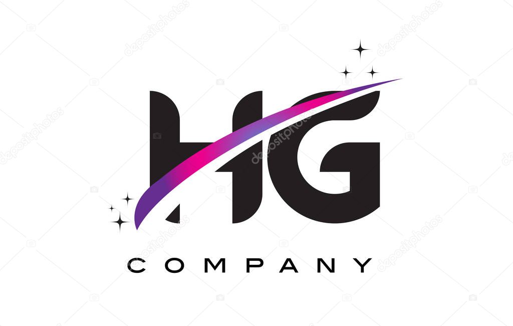 HG H G Black Letter Logo Design with Purple Magenta Swoosh and Stars.