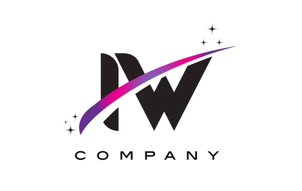 Diseño del logotipo de la letra negra de IW I W con púrpura Magenta Swoosh — Vector de stock
