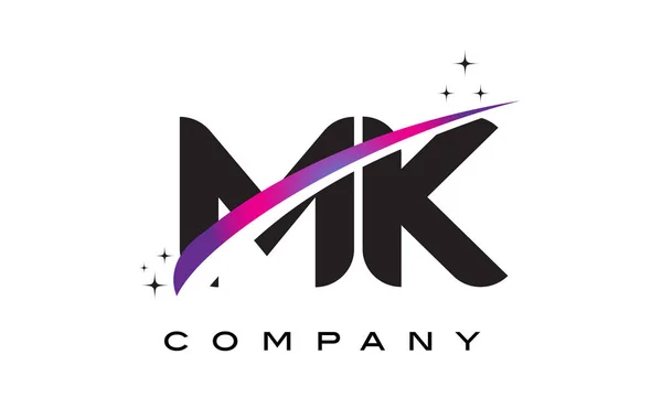 Diseño del logotipo de la letra negra de MK M K con púrpura Magenta Swoosh — Vector de stock