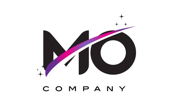 MO M O Negro Letra Logo Diseño con púrpura Magenta Swoosh — Vector de stock