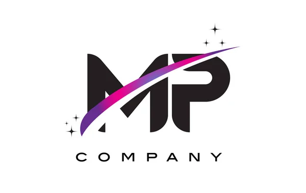 MP M P Negro Letra Logo Diseño con púrpura Magenta Swoosh — Vector de stock