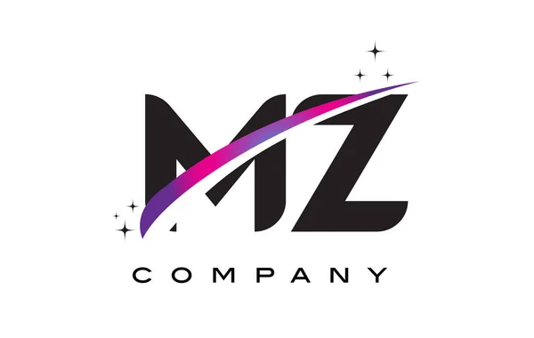 Diseño del logotipo de la letra negra MZ M Z con púrpura Magenta Swoosh — Vector de stock