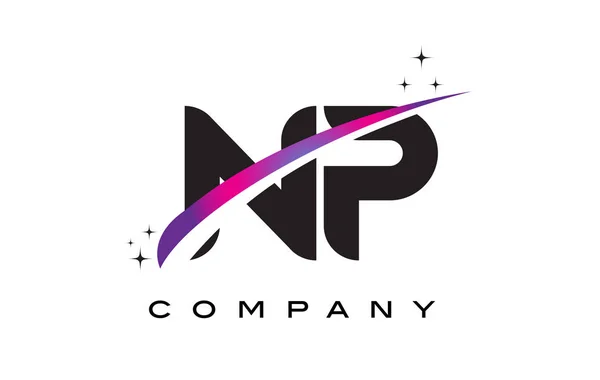 Diseño de logotipo de letra negra NP N P con púrpura Magenta Swoosh — Vector de stock