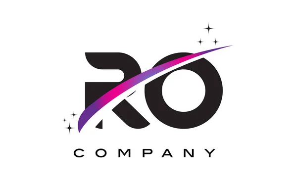 Ro R O svart brev Logotypdesign med lila Magenta Swoosh — Stock vektor