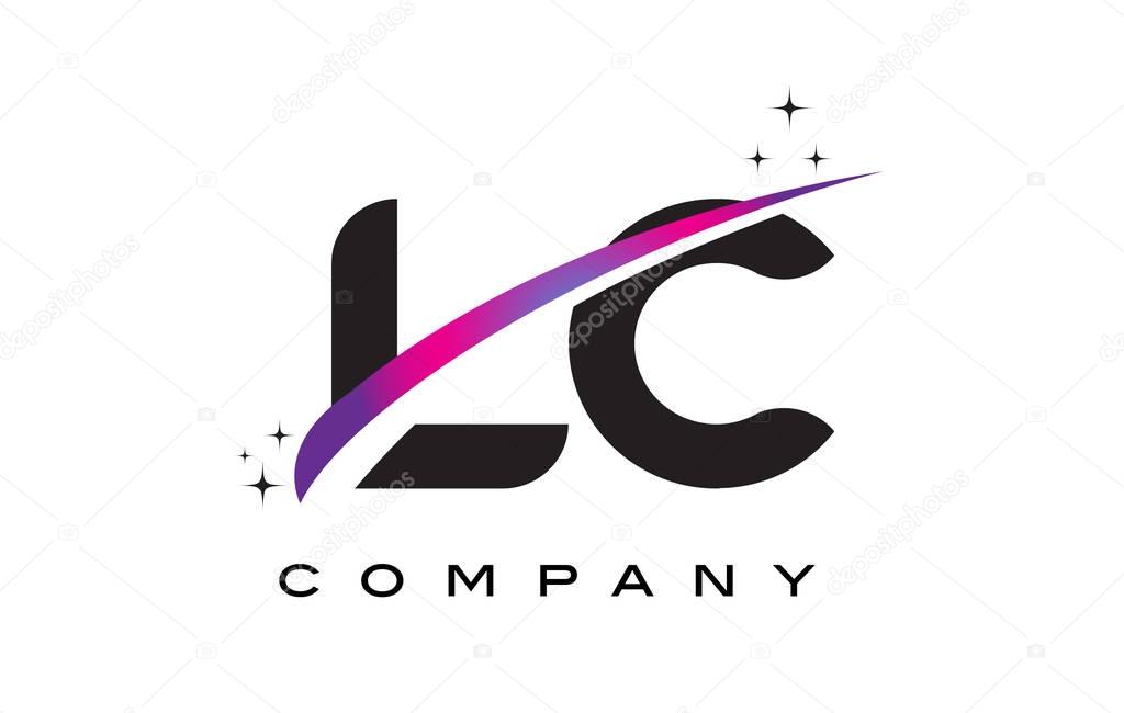 LC L C Black Letter Logo Design with Purple Magenta Swoosh and Stars.