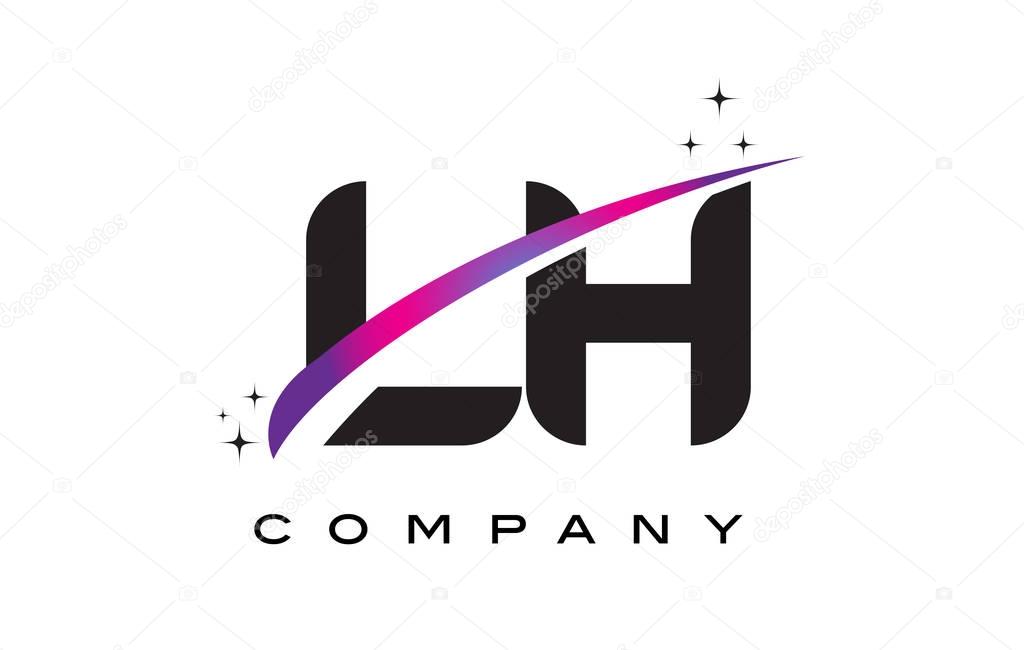 LH L H Black Letter Logo Design with Purple Magenta Swoosh and Stars.