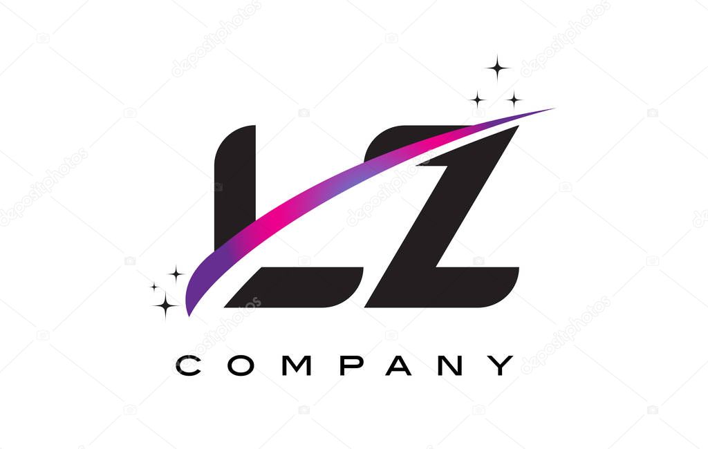 LZ L Z Black Letter Logo Design with Purple Magenta Swoosh and Stars.