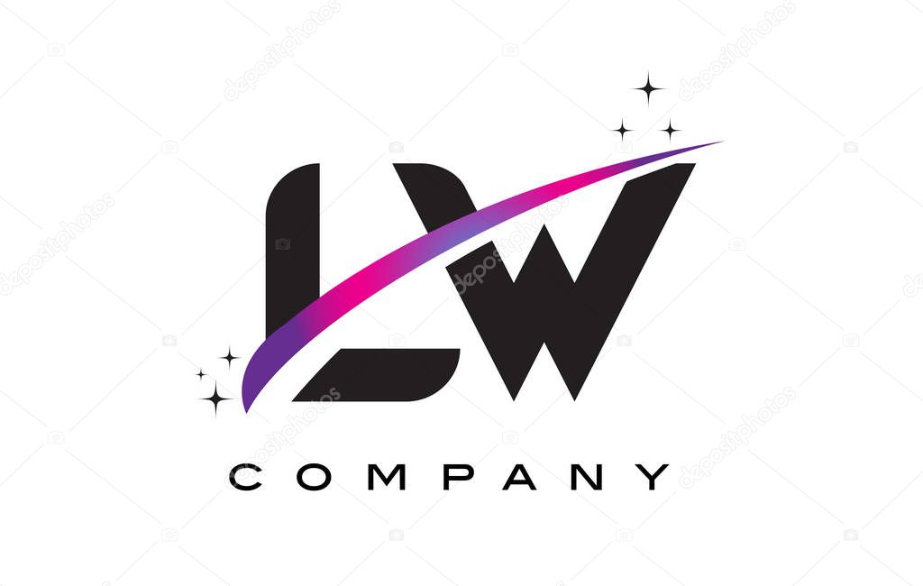 LW L W Black Letter Logo Design with Purple Magenta Swoosh and Stars.