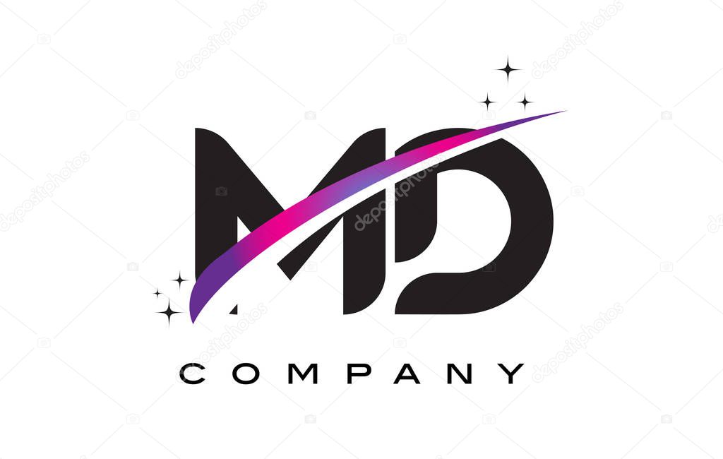 MD M D Black Letter Logo Design with Purple Magenta Swoosh and Stars.