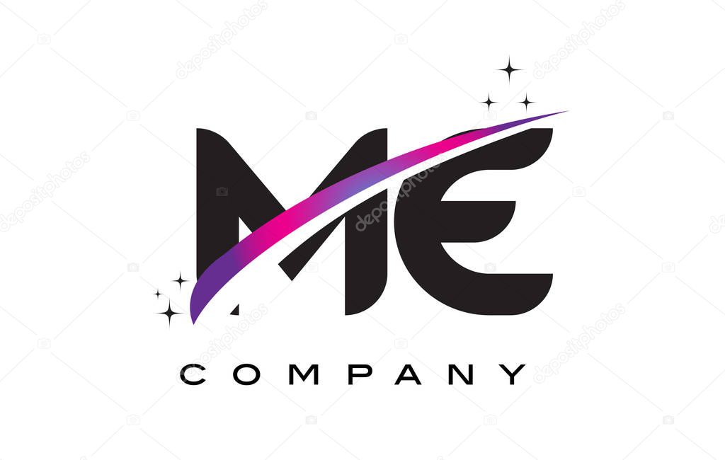 ME M E Black Letter Logo Design with Purple Magenta Swoosh and Stars.