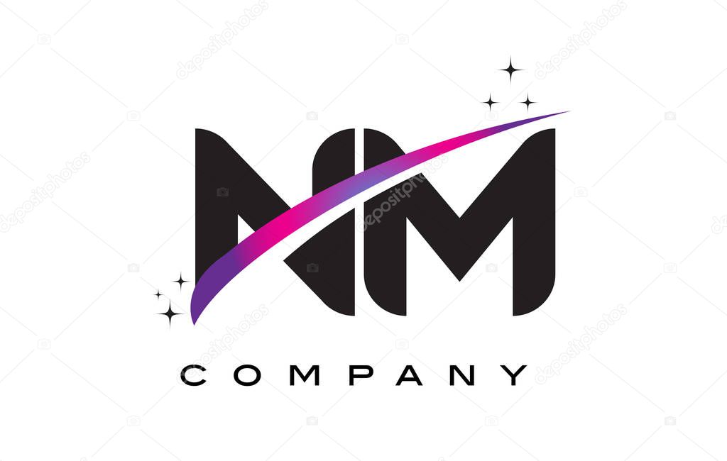 NM N M Black Letter Logo Design with Purple Magenta Swoosh and Stars.