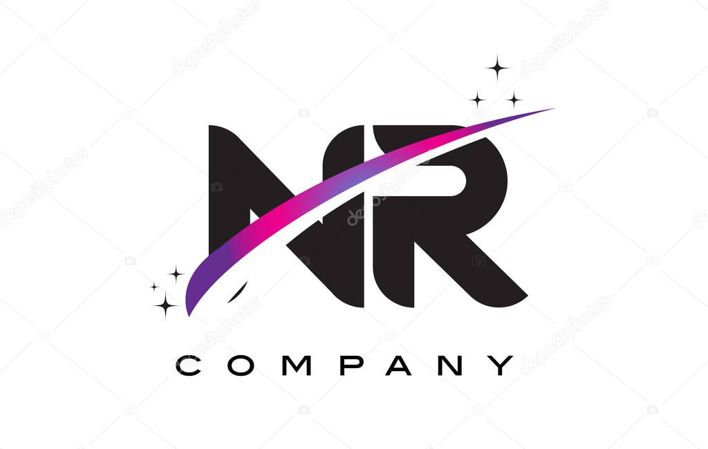 NR N R Black Letter Logo Design with Purple Magenta Swoosh and Stars.