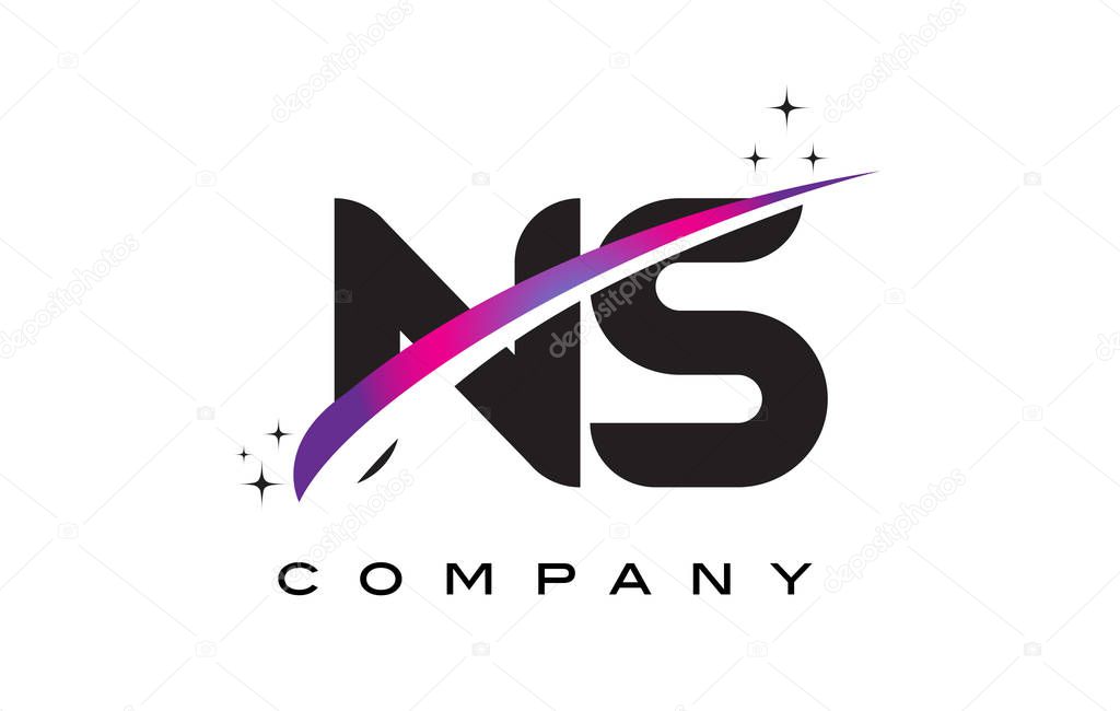 NS N S Black Letter Logo Design with Purple Magenta Swoosh and Stars.