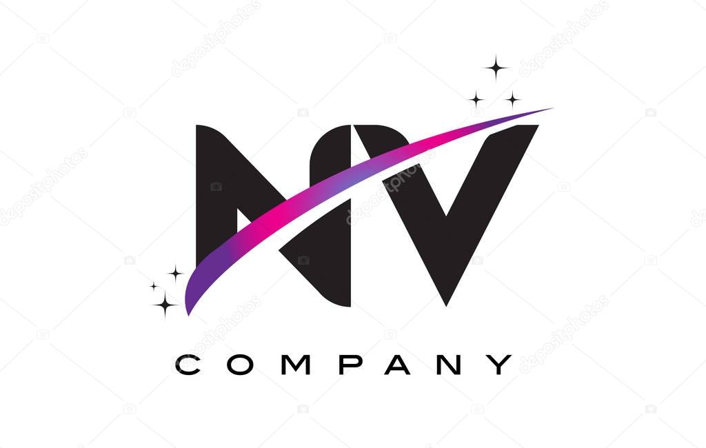 NV N V Black Letter Logo Design with Purple Magenta Swoosh and Stars.