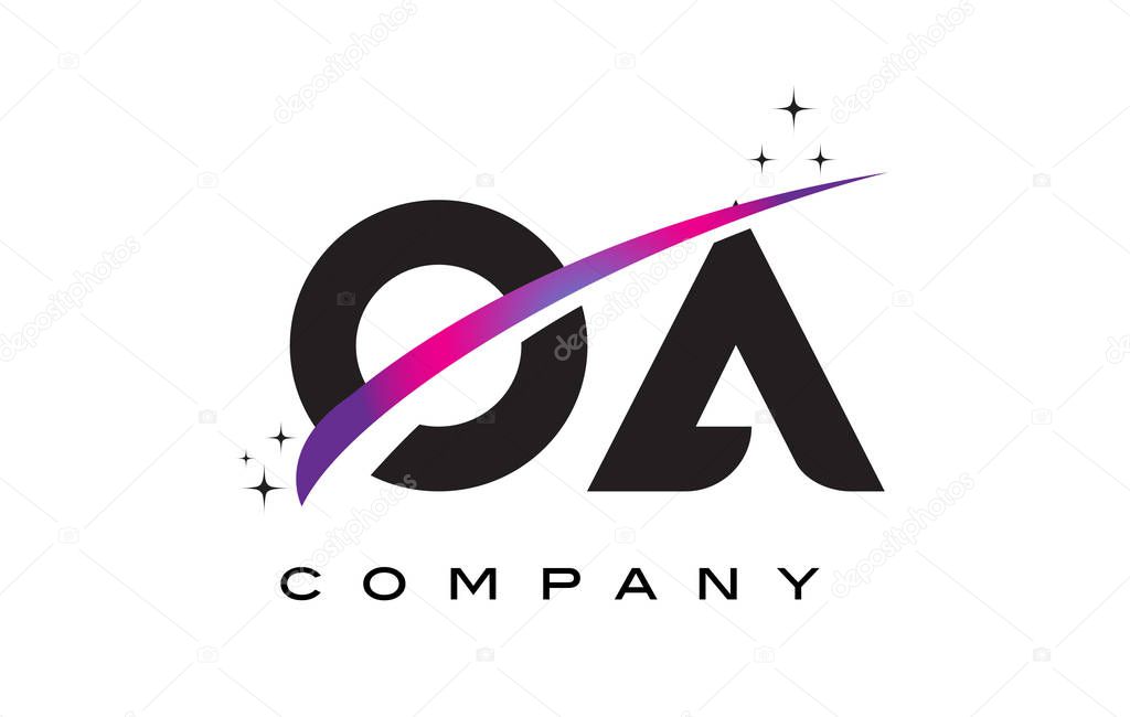 OA O A Black Letter Logo Design with Purple Magenta Swoosh and Stars.