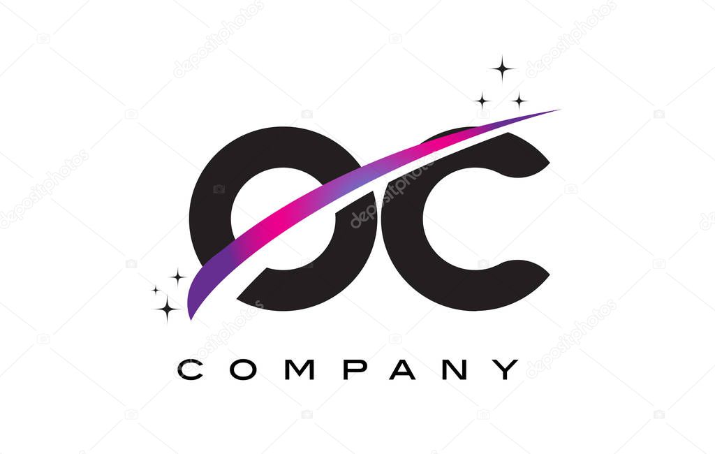 OC O C Black Letter Logo Design with Purple Magenta Swoosh and Stars.