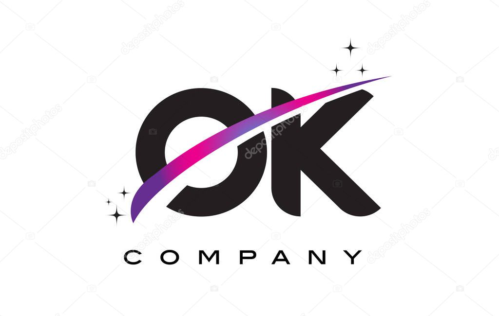 OK O K Black Letter Logo Design with Purple Magenta Swoosh and Stars.