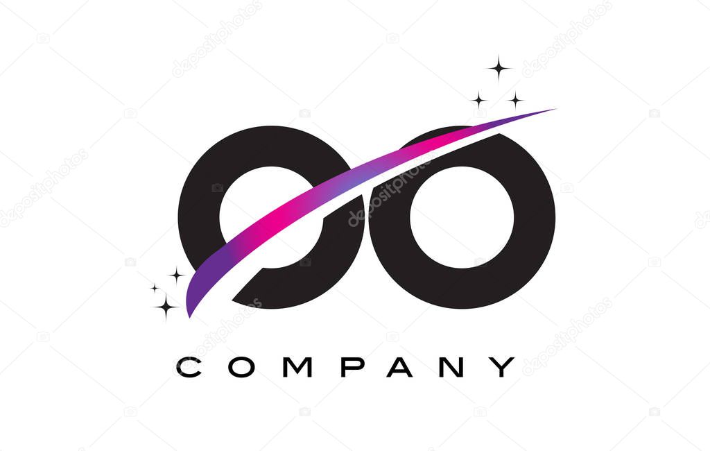 OO O Black Letter Logo Design with Purple Magenta Swoosh and Stars.