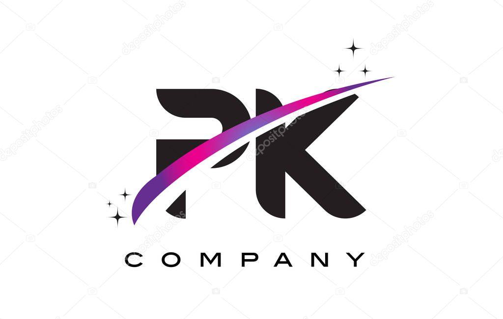 PK P K Black Letter Logo Design with Purple Magenta Swoosh and Stars.