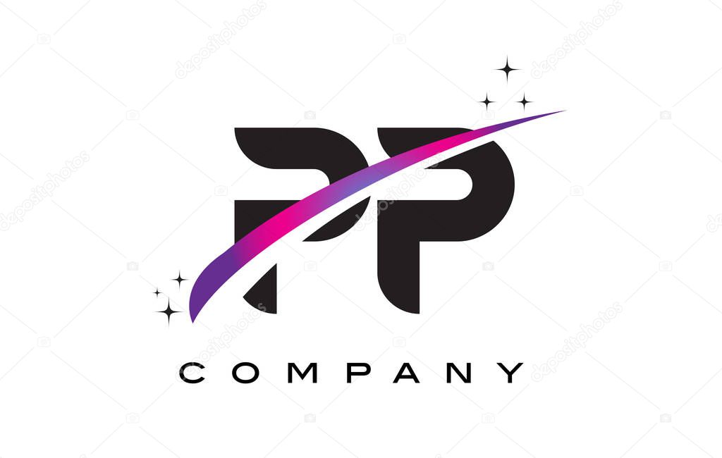 PP P Black Letter Logo Design with Purple Magenta Swoosh and Stars.