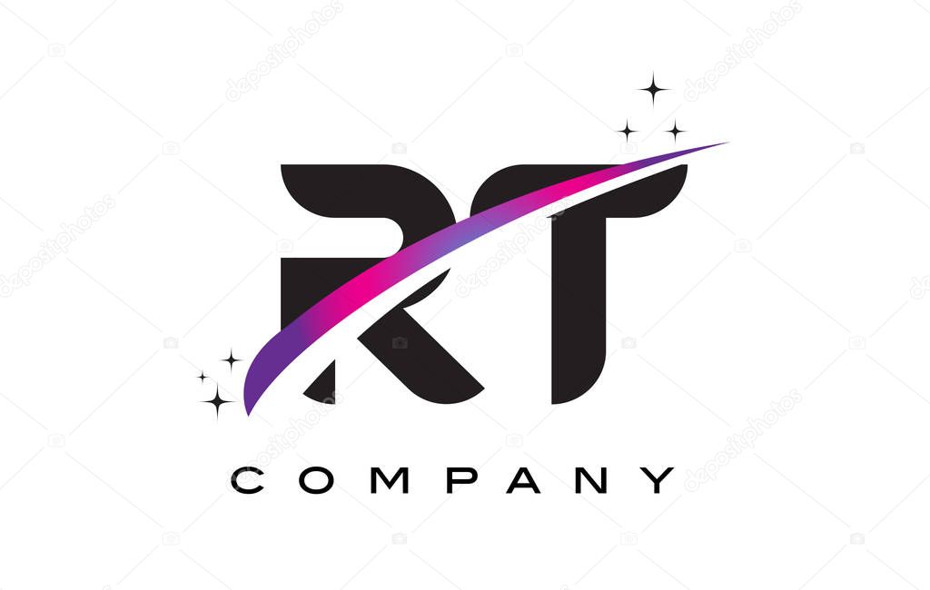 RT R T Black Letter Logo Design with Purple Magenta Swoosh and Stars.