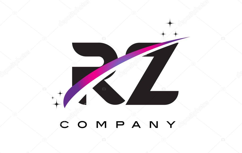 RZ R Z Black Letter Logo Design with Purple Magenta Swoosh and Stars.