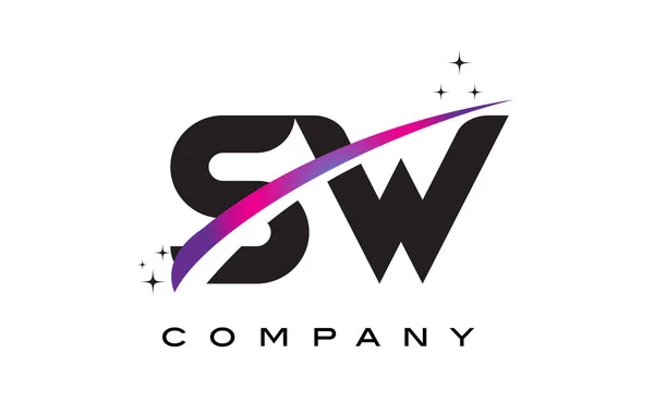 Diseño del logotipo de la letra negra de SW S W con púrpura Magenta Swoosh — Vector de stock