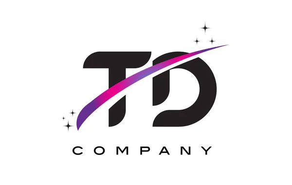 TD T D Negro Letra Logo Diseño con púrpura Magenta Swoosh — Vector de stock