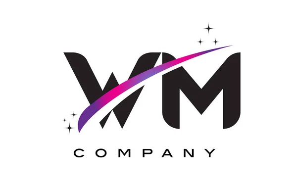 Diseño del logotipo de la letra negra de WM W M con púrpura Magenta Swoosh — Vector de stock