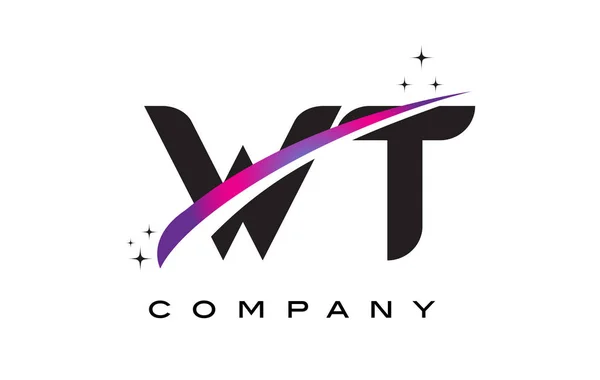 WT W T siyah harf Logo tasarımı ile mor Eflatun Swoosh — Stok Vektör