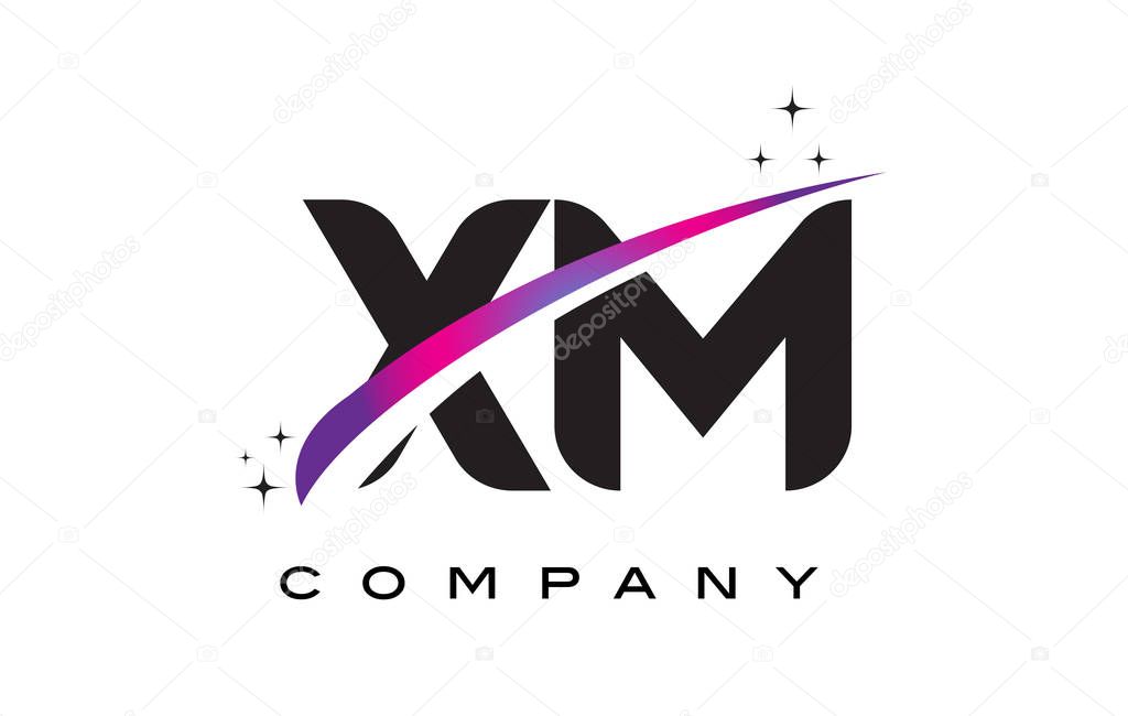 XM X M Black Letter Logo Design with Purple Magenta Swoosh and Stars.