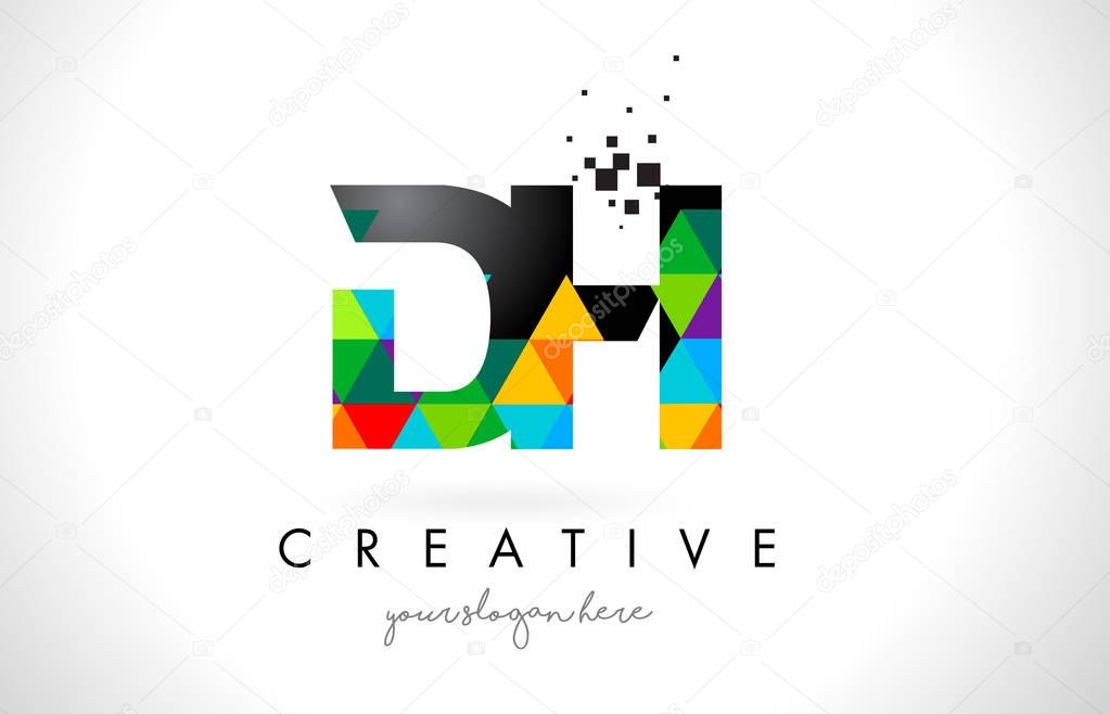 DH D H Letter Logo with Colorful Vivid Triangles Texture Design Vector Illustration.