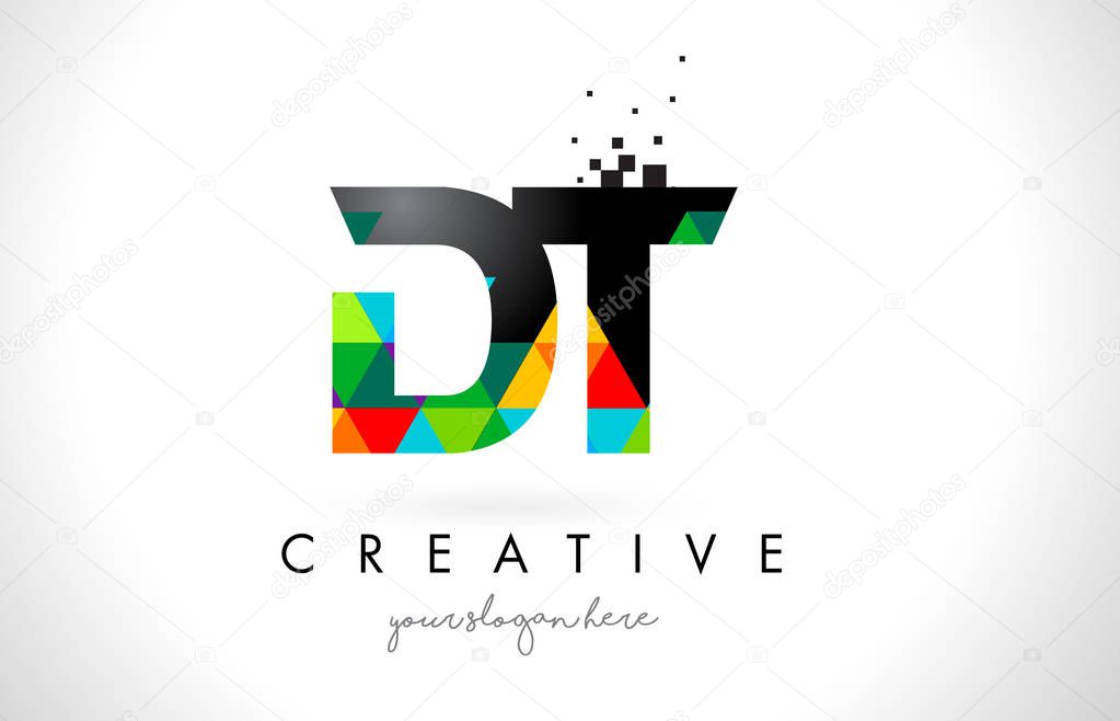 DT D T Letter Logo with Colorful Vivid Triangles Texture Design Vector Illustration.