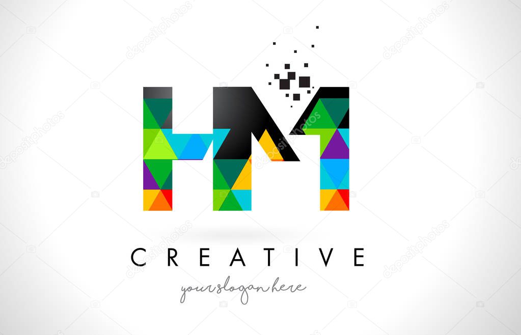 HM H M Letter Logo with Colorful Vivid Triangles Texture Design Vector Illustration.