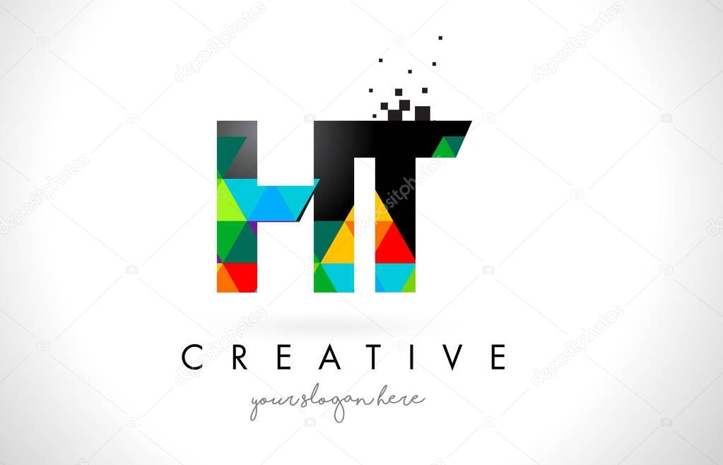 HT H T Letter Logo with Colorful Vivid Triangles Texture Design Vector Illustration.