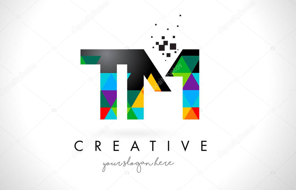 TM T M Letter Logo with Colorful Vivid Triangles Texture Design Vector Illustration.