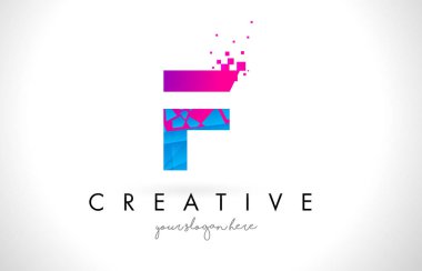 F harf Logo ile parçalanmış kırık mavi pembe doku tasarım Vec