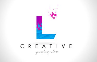 L harfi paramparça kırık mavi pembe doku tasarım Vec logolu