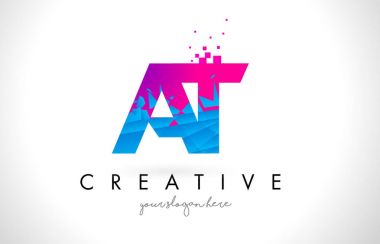 Bir T harfi Logo parçalanmış kırık mavi pembe doku Desig