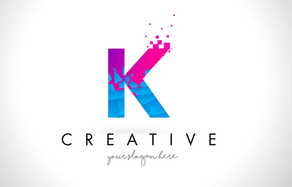 K Letter Logo with Shattered Broken Blue Pink Texture Design Vec — Stock Vector