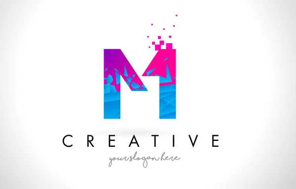 M Letter Logo with Shattered Broken Blue Pink Texture Design Vec — Stock Vector