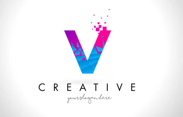 V letra logotipo com quebrado quebrado azul rosa textura Design Vec — Vetor de Stock